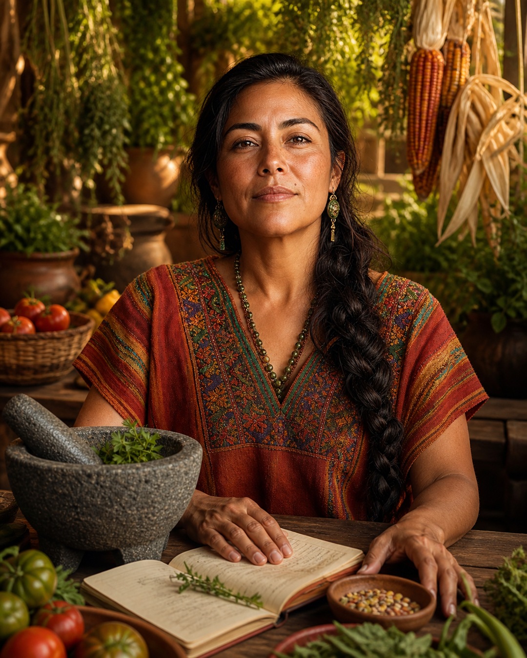Portrait of Maria, a fictional middle-aged woman with warm brown skin and a long dark braid, holding a stone mortar of herbs in a terracotta kitchen garden. AI-generated illustration.