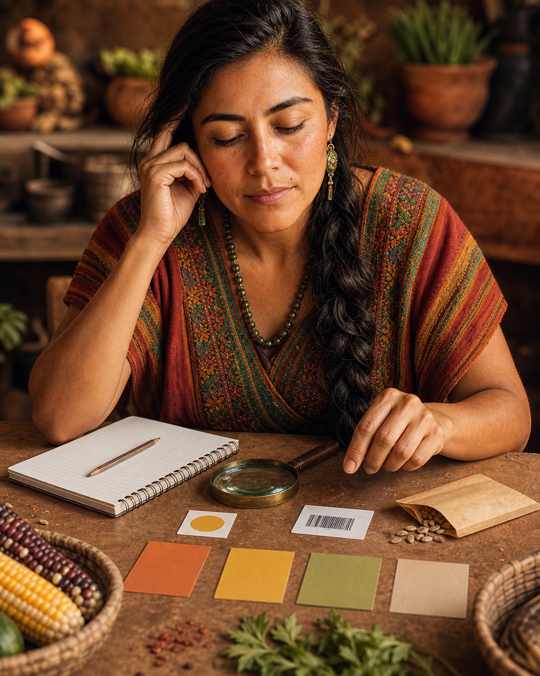 Overhead view of Maria's hands arranging four small ceramic bowls in terracotta, maize gold, herb green, and cacao beside a blank field notebook. AI-generated illustration.