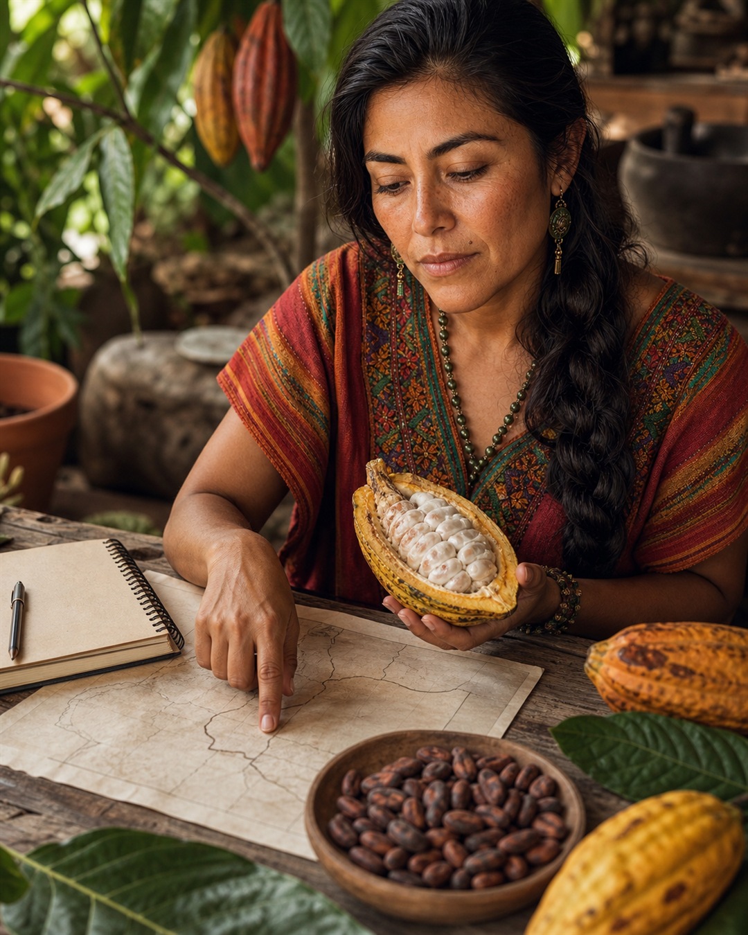 Over Maria's shoulder, a generic cacao package and illustrated cacao pod sit beside a phone and field notebook. AI-generated illustration.