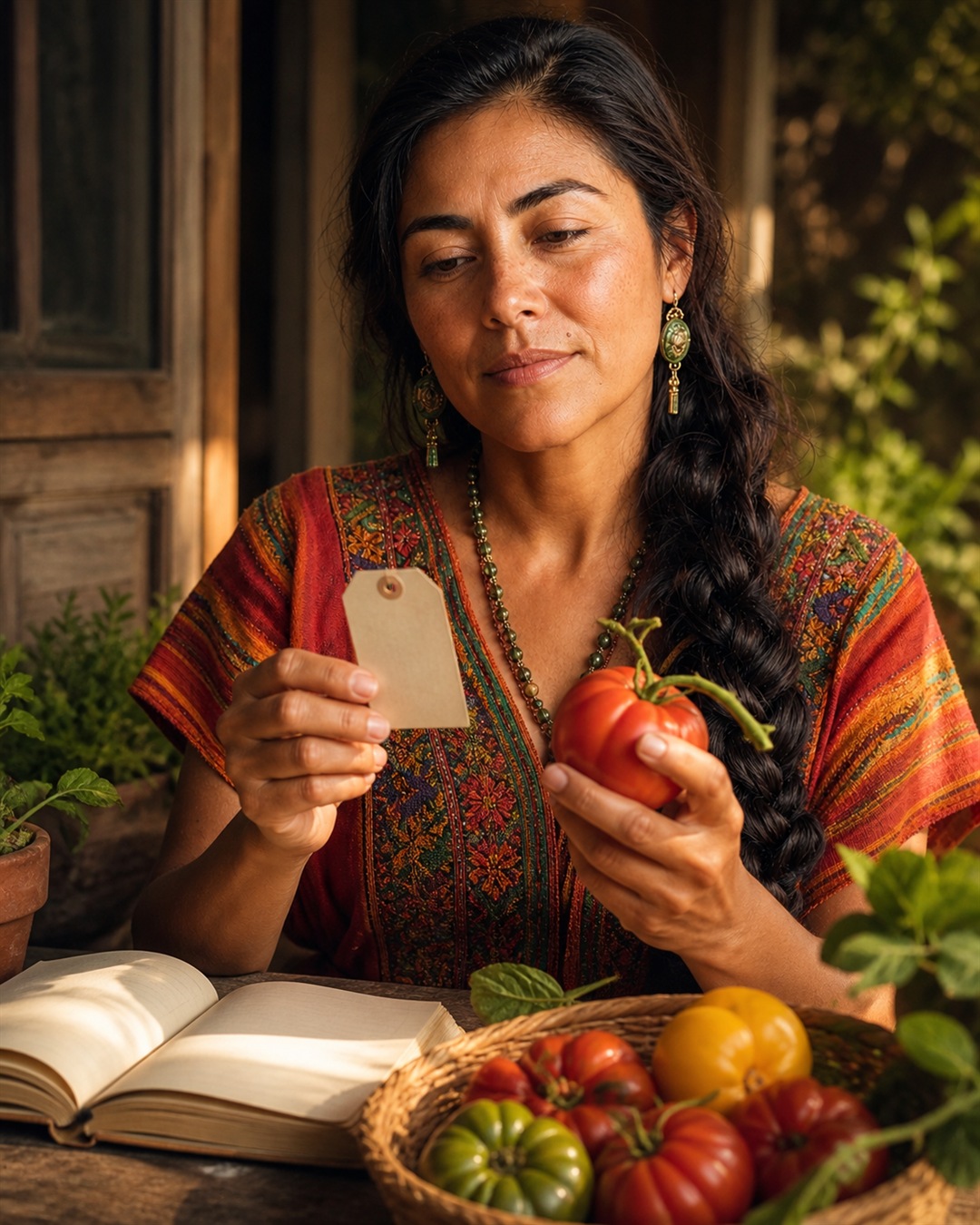 Maria holds one illustrated red tomato beside a plain produce tag, studying both in warm window light. AI-generated illustration.