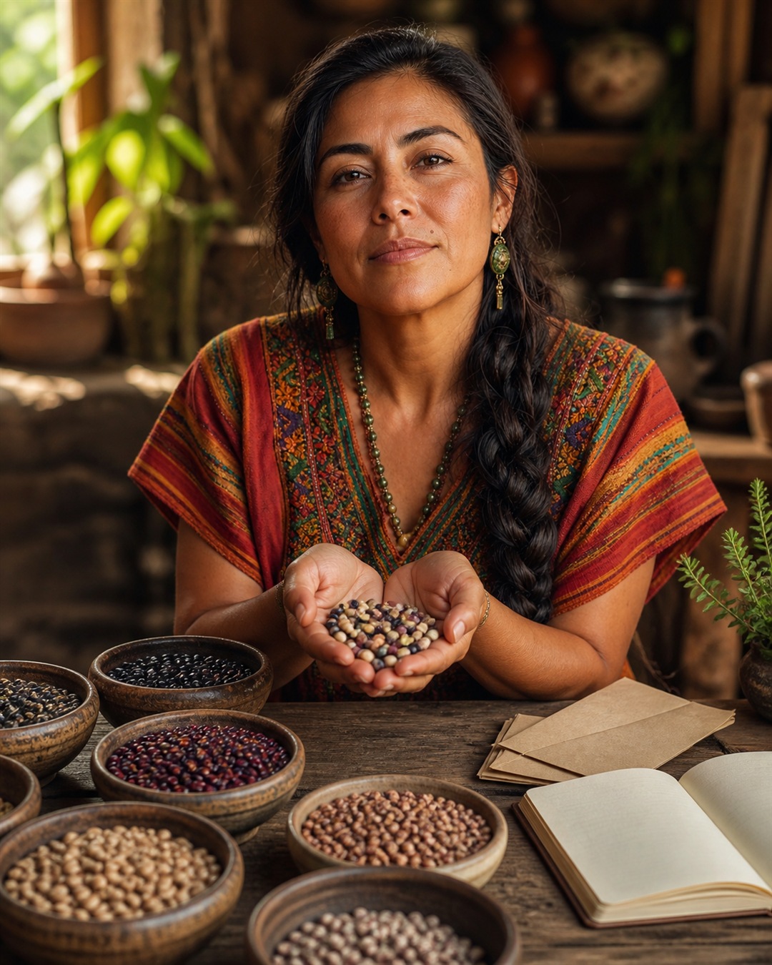 Maria's hands hold a small mixed bowl of differently colored illustrated beans above a warm wooden table. AI-generated illustration.