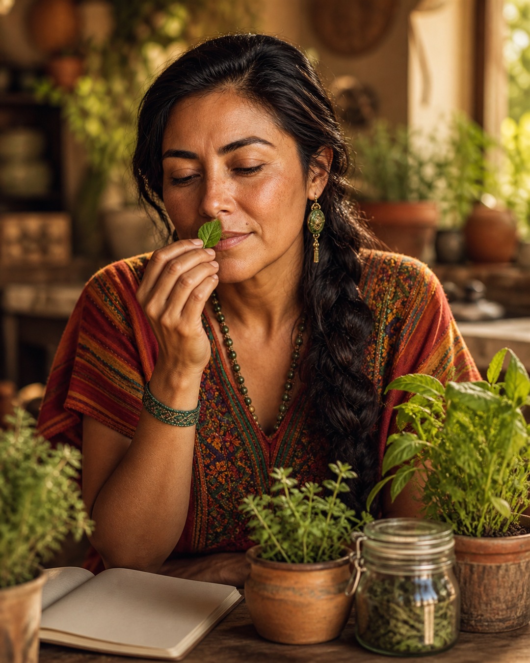 Maria observes the color and texture of an illustrated herb sprig above a stone mortar without tasting it. AI-generated illustration.