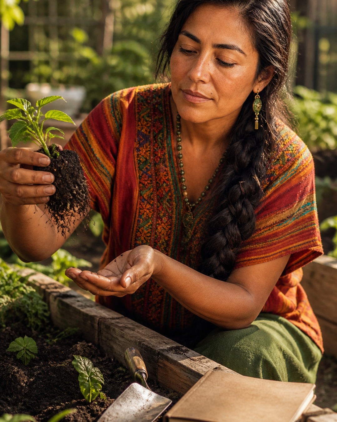 Maria studies illustrated plant roots and a small soil sample tray in warm garden light. AI-generated illustration.