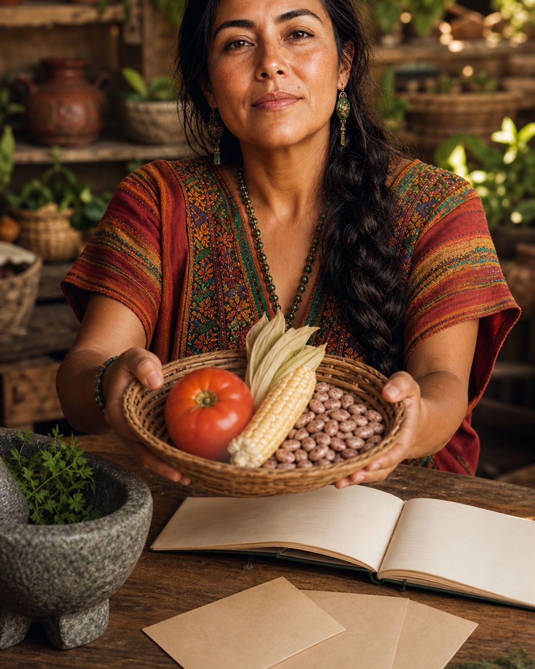 Maria sits before an illustrated steaming meal, noticing its color and aroma with open eyes and relaxed hands. AI-generated illustration.